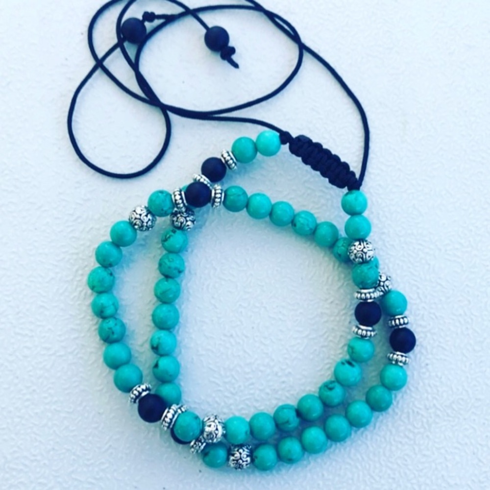 Turquoise bead necklace . turquoise & onyx gemstones adjustable macrame choker - Picture 4 of 9